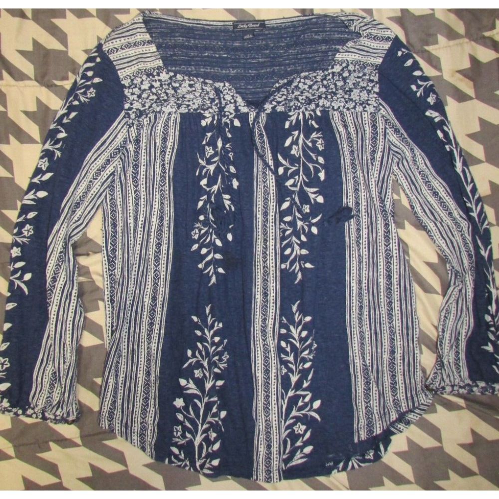 Lucky Brand Linen Blend Peasant Top Shirt Floral Long Sleeve Womens S Small Blue